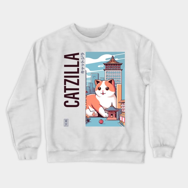 Catzilla Japanese Funny Cat Kawaii Parody Vintage Catzilla Crewneck Sweatshirt by rhazi mode plagget